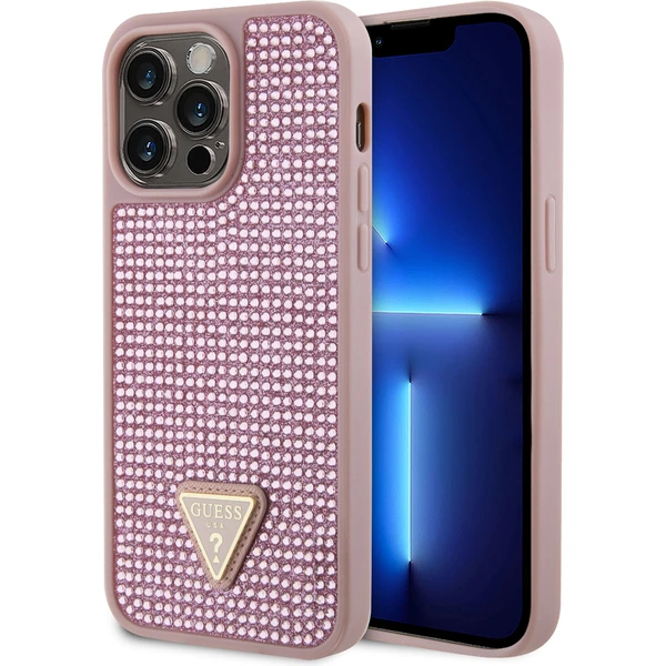 Guess Rhinestones Trojuholníkový kovový kryt loga pre iPhone 15 Pro Max ružový - Puzdra - Hlavný obrázok