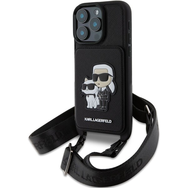 E-shop Karl Lagerfeld Saffiano Crossbody Popruh Karl and Choupette kryt pre iPhone 16 Pre čierny