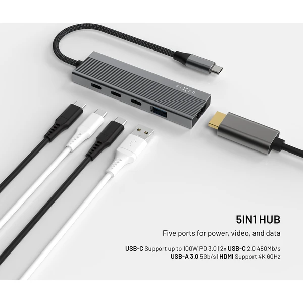FIXED 5-portový hliníkový USB-C HUB Core, pro notebooky a tablety, 100W, PD 3.0, vesmírně šedý - USB huby - Obrázok 690ea5f020fa453ea9ae1e2b29beb049