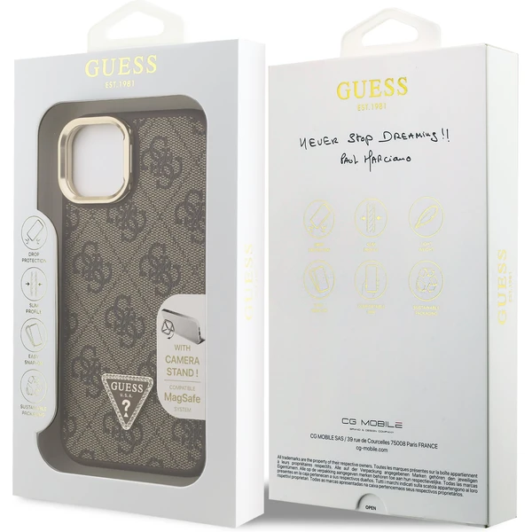 Guess PU 4G Strass Triangle Logo Stand Camera Frame MagSafe kryt iPhone 13 hnedý - Puzdra - Obrázok 69d2183b993448c4ac21f6035898236d
