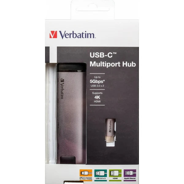 Verbatim USB-C Multiport HUB, 2x USB 3.0, 1x USB-C, HDMI, LAN dokovacia stanica šedá - Dokovacie stanice - Obrázok 6COR000301