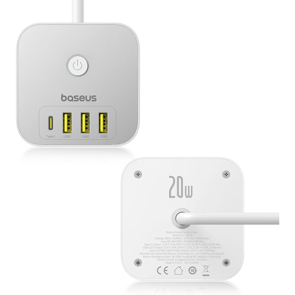 Predlžovací kábel Baseus PowerCombo Cube 3x zásuvka + 3x USB + 1x USB-C 20W 1.5m biely - Nabíjačky - Obrázok 6FGE000L01
