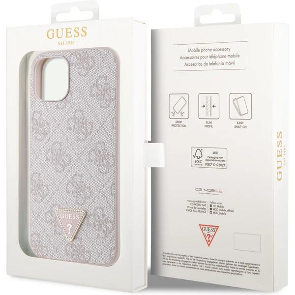 Guess PU 4G Strass Triangle Metal Logo kryt iPhone 15 ružový - Puzdra - Obrázok 6IK8000601