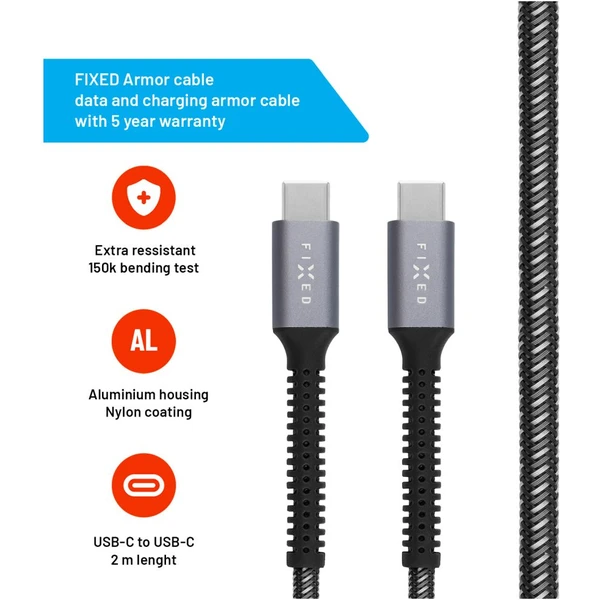 FIXED Armor USB-C/USB-C napájací kábel 240W 2m sivý - Káble a redukcie - Obrázok 6KI1000O01