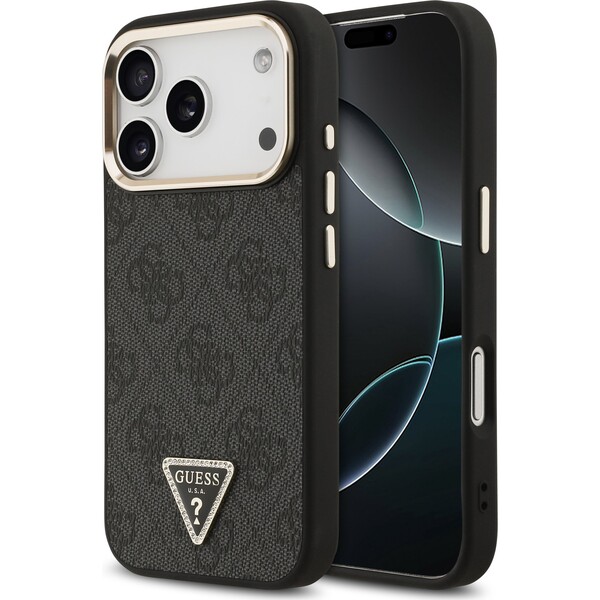 Guess PU Leather 4G Strass Triangle Logo Gold Frame MagSafe Zadný Kryt pre iPhone 18 Pro Black - Puzdra - Hlavný obrázok