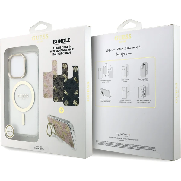 Guess PC/TPU Electroplated Stand Camera Frame MagSafe kryt s vymeniteľným pozadím iPhone 16 Pro - Puzdra - Obrázok 6b635322e32942689316f1dccb401c4c