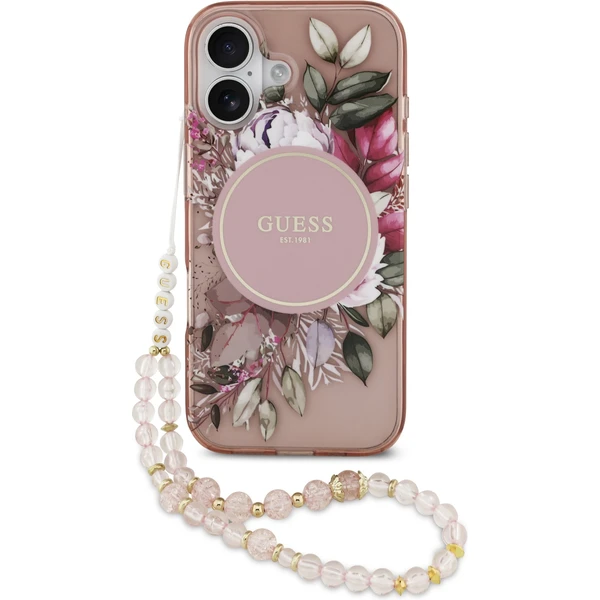 Guess IML Flowers Strap MagSafe kryt iPhone 17 ružový - Puzdra - Hlavný obrázok