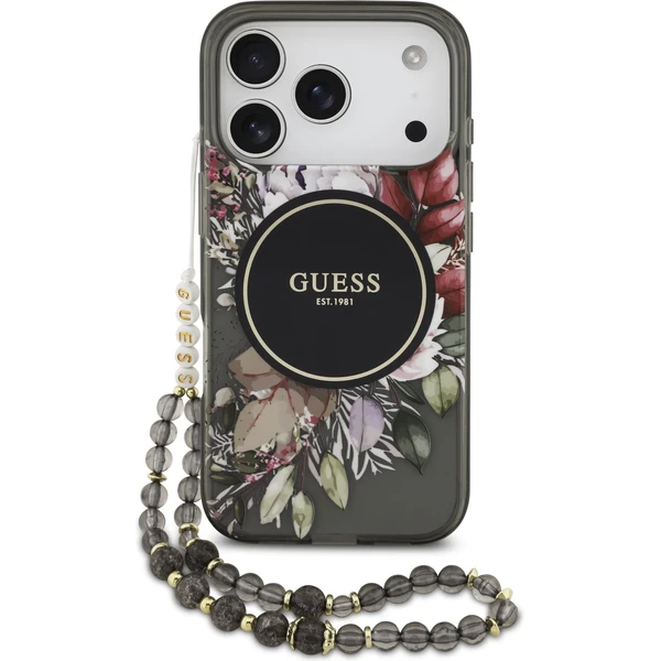Guess IML Flowers Strap MagSafe kryt iPhone 17 Pro čierny - Puzdra - Hlavný obrázok