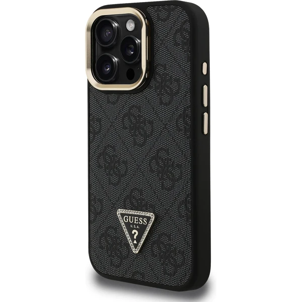 Guess PU 4G Strass Triangle Logo Stand Camera Frame MagSafe kryt iPhone 15 Pro Max čierny - Puzdra - Obrázok 6d687541455b4b0cbd8378562342d640