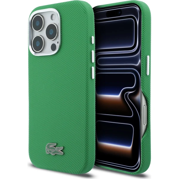 Lacoste PVC Iconic Petit Pique kovové logo MagSafe kryt iPhone 16 Pro Max zelený - Puzdra - Hlavný obrázok