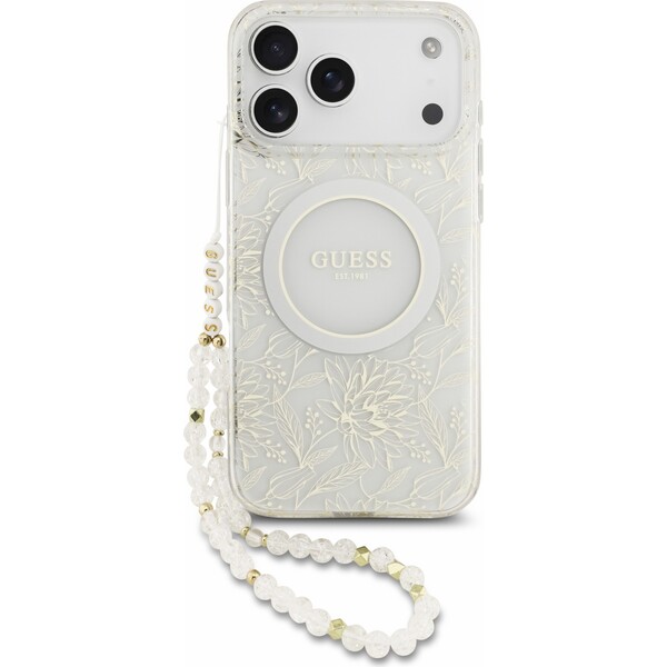 Guess IML Flowers Allover Strap MagSafe Zadný kryt pre iPhone 18 Pro Max White - Puzdra - Hlavný obrázok