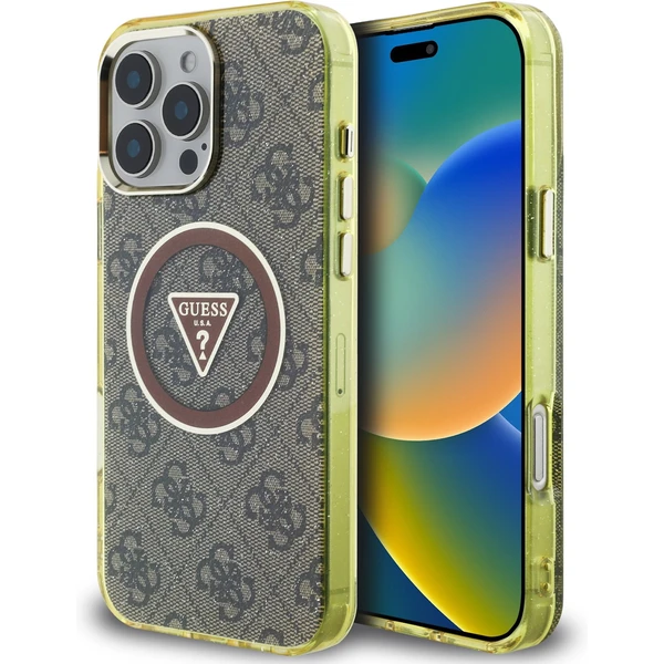 Guess IML 4G Glitter a Triangle Logo MagSafe kryt iPhone 16 Pre hnedý - Puzdra - Hlavný obrázok