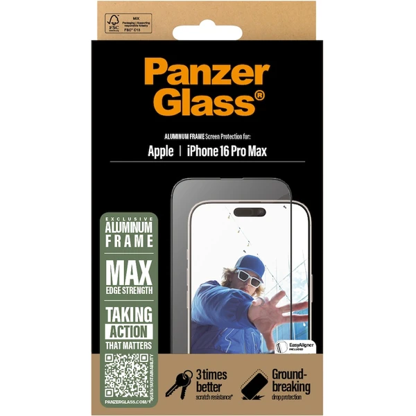 PanzerGlass® Aluminum Ultra-Wide Fit sklo Apple iPhone 16 Pro Max s inštalačným rámčekom - Ochranné fólie a sklo - Obrázok 7008000P01