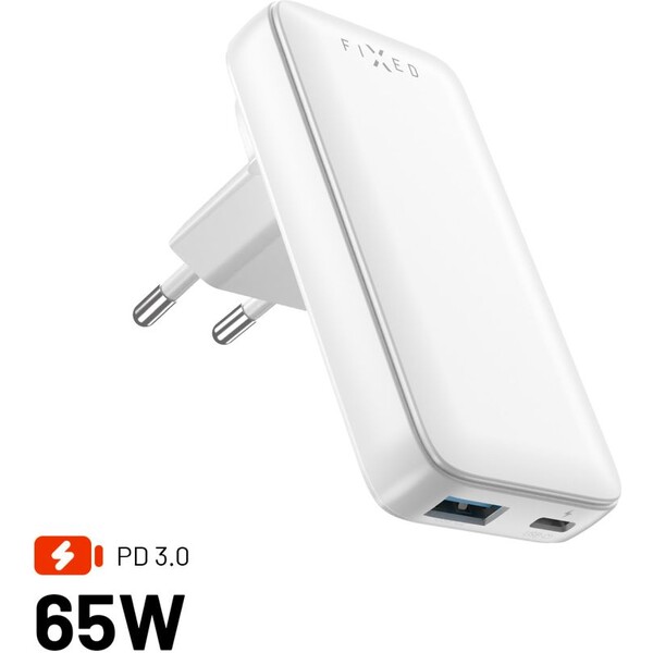 FIXED Slim Traveller GaN cestovná nabíjačka s USB-C/USB a adaptérmi (65W) biela