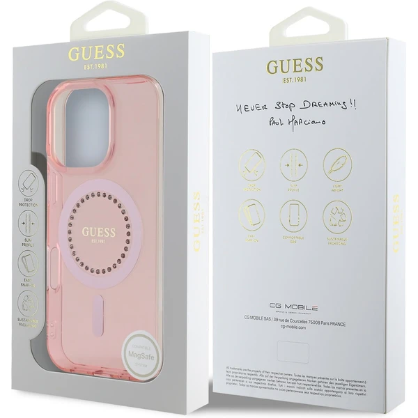 Guess IML Rhinestones Ring MagSafe kryt pre iPhone 16 Pre ružový - Puzdra - Obrázok 7055e579a35742d2bc5025d9d3bcd0e3