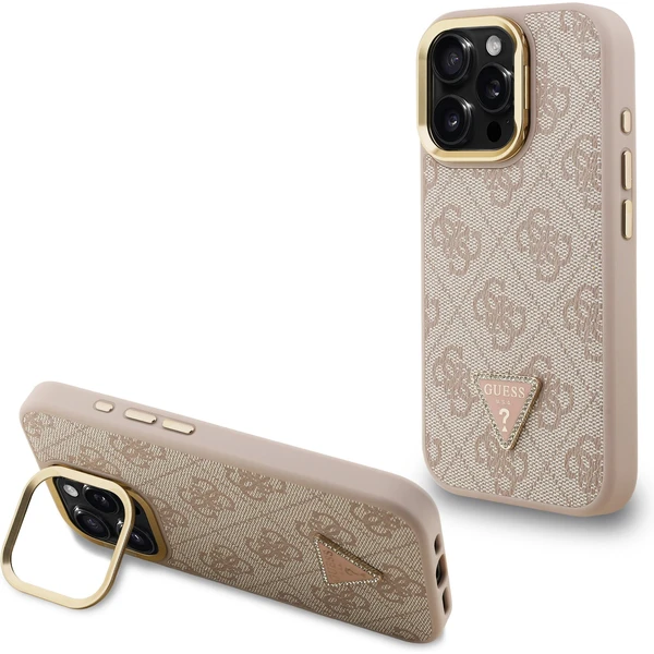 Guess PU 4G Strass Triangle Logo Stand Camera Frame MagSafe kryt iPhone 15 Pro Max ružový - Puzdra - Hlavný obrázok