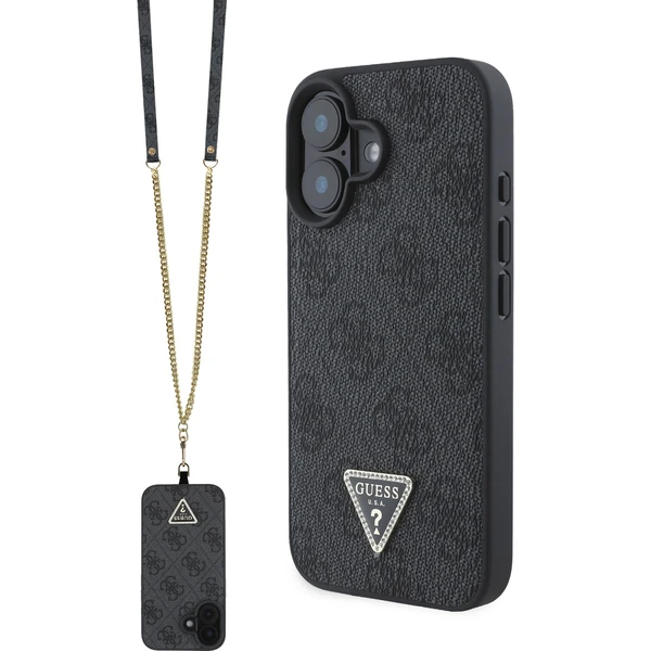 Guess PU 4G Strass Triangle Metal Logo kryt + Crossbody Popruh pre iPhone 16 čierny - Puzdra - Hlavný obrázok