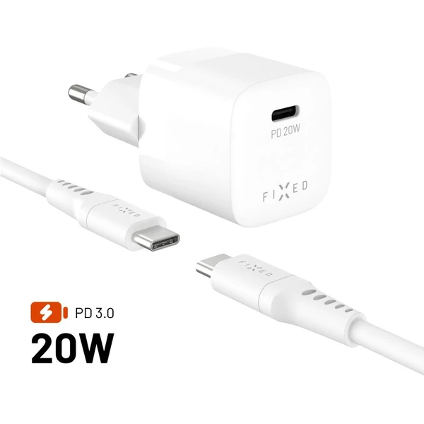 FIXED Mini Set nabíjačky s USB-C portom a USB-C káblom, PD, 1,2 meter, 20W, biela - Nabíjačky - Hlavný obrázok