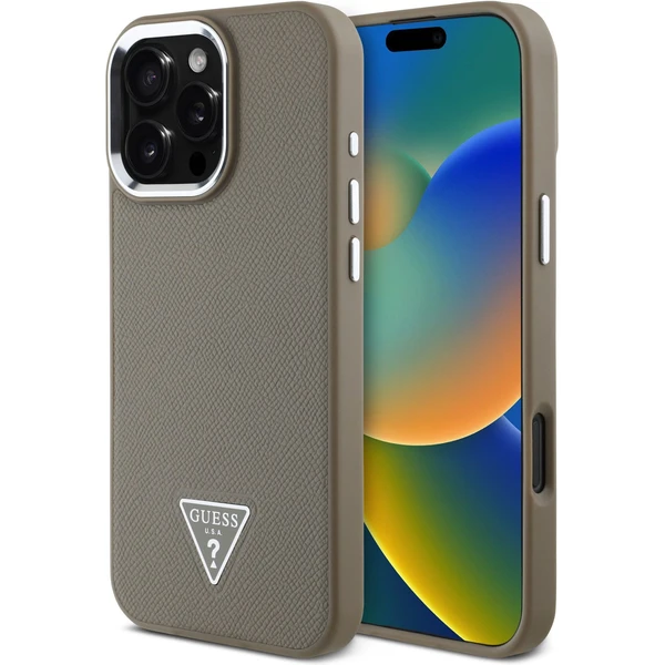 Guess PU Grained Triangle Logo kryt pre iPhone 16 Pre Max hnedý - Puzdra - Hlavný obrázok