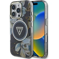 Guess IML Glitter Magnolia a Triangle Logo MagSafe kryt iPhone 16 Pro Max čierny - Puzdra