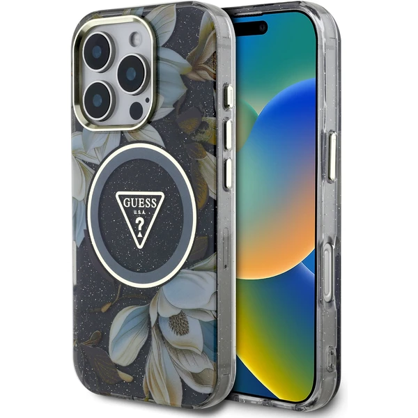 Guess IML Glitter Magnolia a Triangle Logo MagSafe kryt iPhone 16 Pro Max čierny - Puzdra - Hlavný obrázok