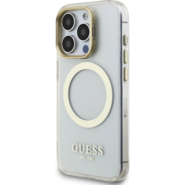 Guess IML Gold Outline Stand Camera Frame MagSafe kryt iPhone 15 Pre Max číry - Puzdra - Obrázok 72967aaef76b4a0fa995e3e62ef20afd