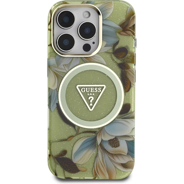 Guess IML Glitter Magnolia a Triangle Logo MagSafe kryt iPhone 16 Pre Max zelený - Puzdra - Obrázok 72aef22eb1c141078b961dda2835c730