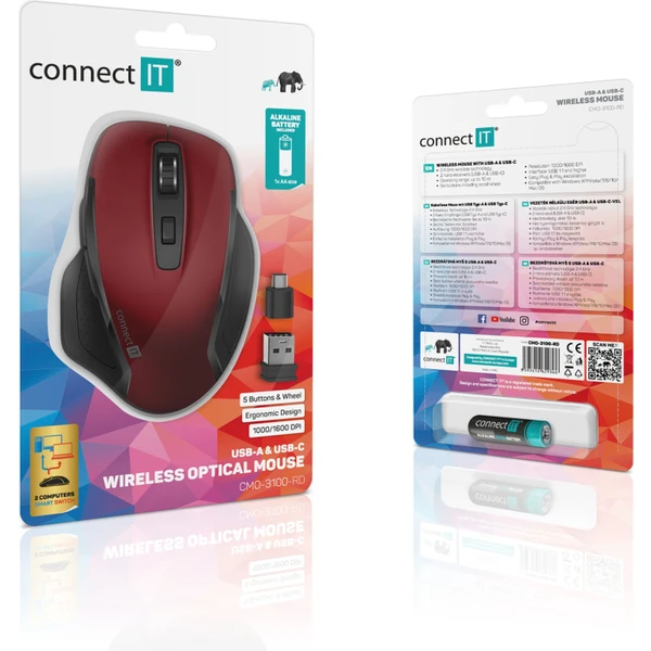 CONNECT IT Dual SmartSwitch bezdrôtová myš, USB-A + C (+1x AA batéria zadarmo) červená - Myši - Obrázok 73N0000P01