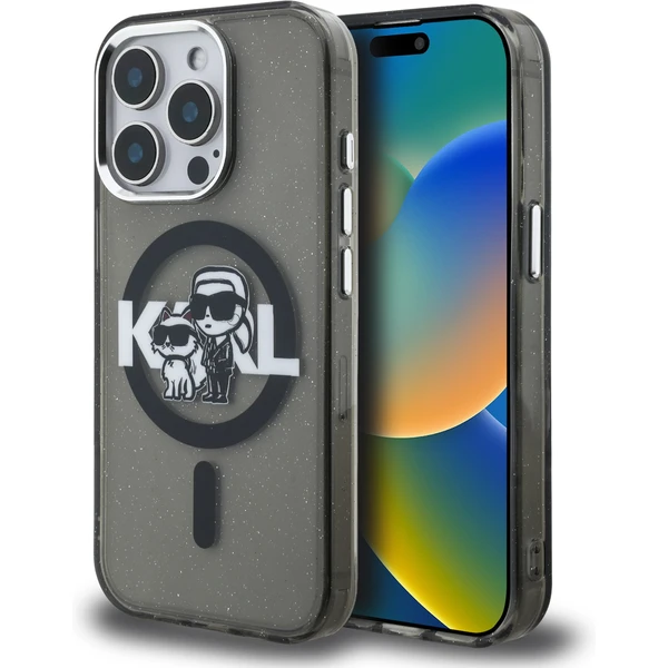 Karl Lagerfeld IML Glitter Karl and Choupette Sketch MagSafe kryt iPhone 15 Pre čierny - Puzdra - Hlavný obrázok