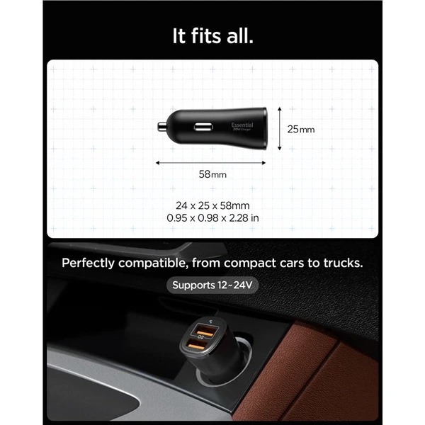 Spigen Essential 30W USB-A nabíjačka do auta (EV302) čierna - Nabíjačky - Obrázok 74ab79916ed24c65b2a61eb54b065f4c