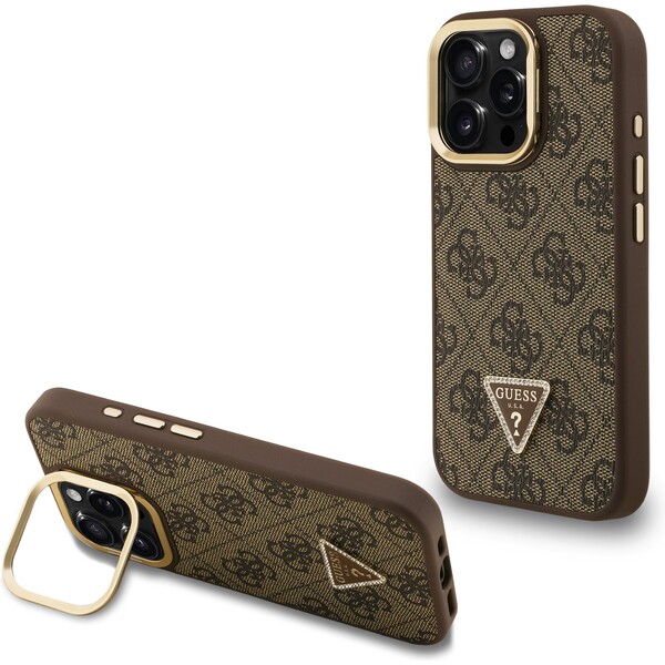 Guess PU 4G Strass Triangle Logo Stand Camera Frame MagSafe Zadný Kryt pre iPhone 16 Pro Max Brown