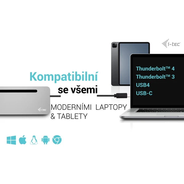 i-tec USB-C Metal Ergonomic 4K 3x Display dokovacia stanica s PD 100W + i-tec nabíjačka 100W - Dokovacie stanice - Obrázok 77P8000601