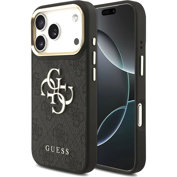 Guess PU Leather 4G Metal Logo Gold Frame kryt iPhone 17 Pro čierny - Puzdra - Hlavný obrázok