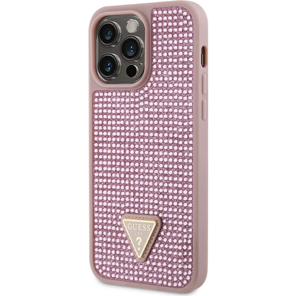 Guess Rhinestones Trojuholníkový kovový kryt loga pre iPhone 15 Pro Max ružový - Puzdra - Obrázok 7892000N01
