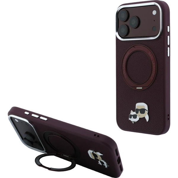 Karl Lagerfeld PU Grained K&CH Heads Ring Stand Magsafe kryt iPhone 18 Pro Max vínový - Puzdra - Hlavný obrázok