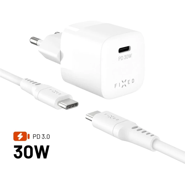 FIXED Mini Set GaN nabíjačky s USB-C portom a USB-C káblom, PD, 1,2m, 30W, biela - Nabíjačky - Hlavný obrázok
