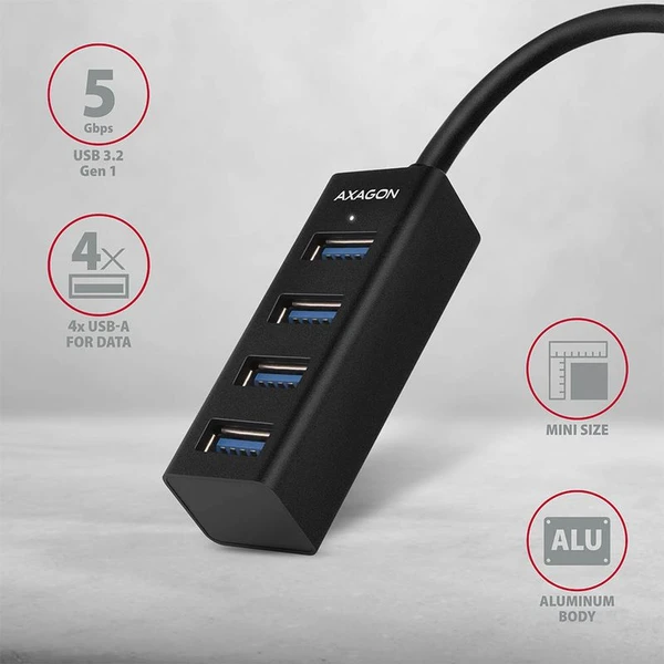 AXAGON HUEM1C 4x USB 3.2 Gen 1 MINI húb kovový kábel USBC 20cm - USB huby - Obrázok 797HF00101