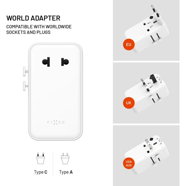FIXED Voyager Slim 45W cestovní GaN adaptér (PD) pro EU, UK a USA/AUS, bílý - Nabíjačky - Obrázok 79ef6359324e4287bdd2c094f0a1311f