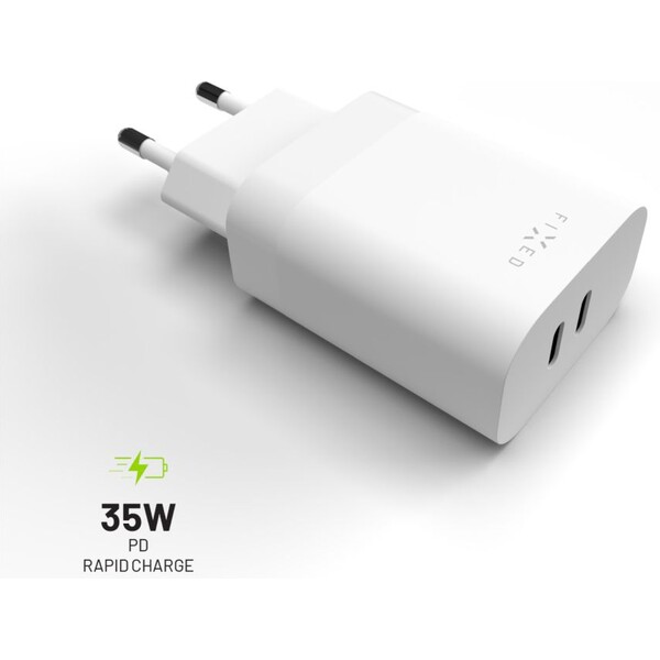 FIXED sieťová nabíjačka s 2x USB-C výstupom, podpora PD, 35W, biela