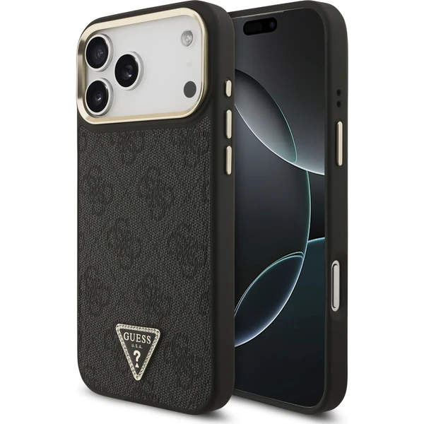 Guess PU Leather 4G Triangle Logo Gold Frame MagSafe kryt iPhone 17 Pro Max čierny - Puzdra - Hlavný obrázok