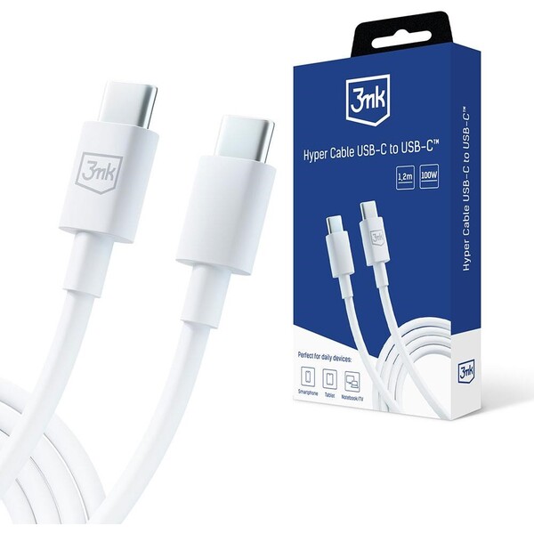 3mk Hyper Cable USB-C/USB-C dátový kábel, 100W, 1,2m biely