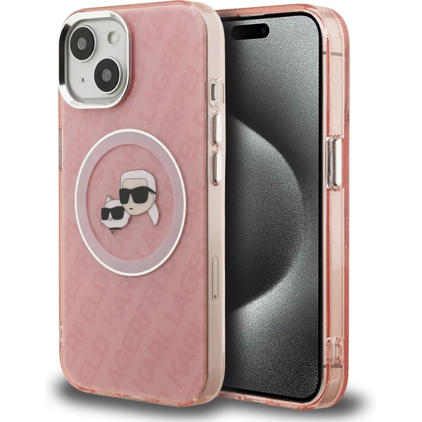 Karl Lagerfeld IML K&CH Heads Repeated Logo MagSafe kryt iPhone 15 ružový - Puzdra - Hlavný obrázok