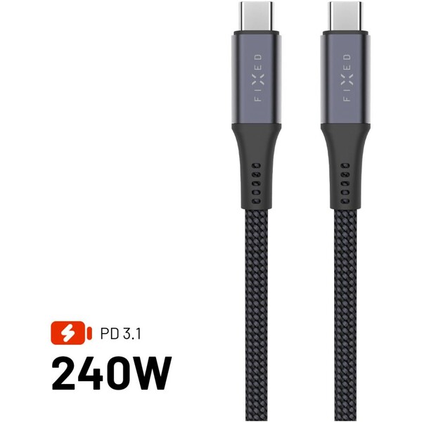E-shop FIXED Multimediálny kábel USB-C napájací a dátový kábel 4K/60z, 20Gbps, 240W, 2m sivý