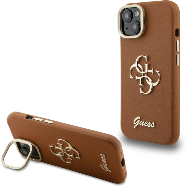Guess PU Grained 4G Logo Stand Camera Frame kryt iPhone 14 hnedý - Puzdra - Hlavný obrázok