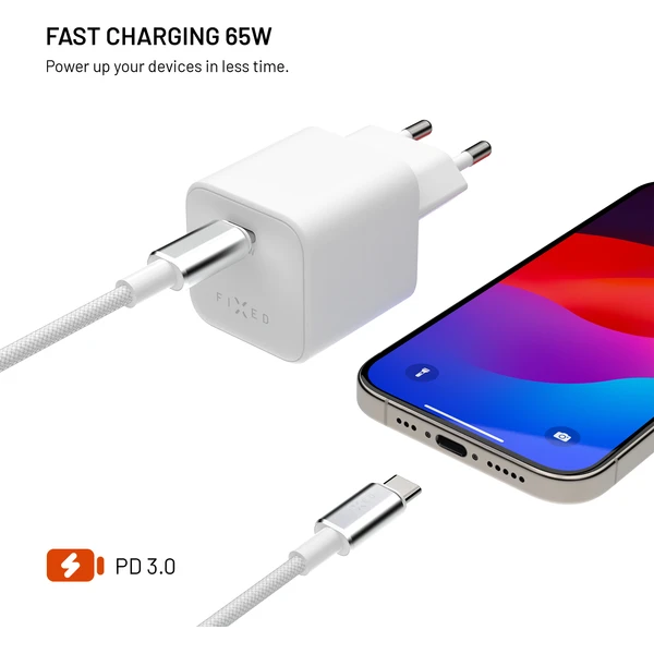 FIXED Mini set sieťovej GaN nabíjačky s USB-C výstupom a USB-C/USB-C káblom, PD, 65W, (2m) biely - Nabíjačky - Obrázok 7ee2a26318214d7e9ec1df821e930723