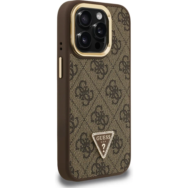 Guess PU 4G Strass Triangle Logo Stand Camera Frame MagSafe kryt iPhone 15 Pro Max hnedý - Puzdra - Obrázok 7ee9a907c9934b379dde68e10b3e5b56