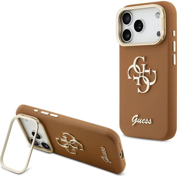 Guess PU Grained 4G Logo Stand Camera Frame kryt iPhone 17 Pro hnedý - Puzdra - Hlavný obrázok