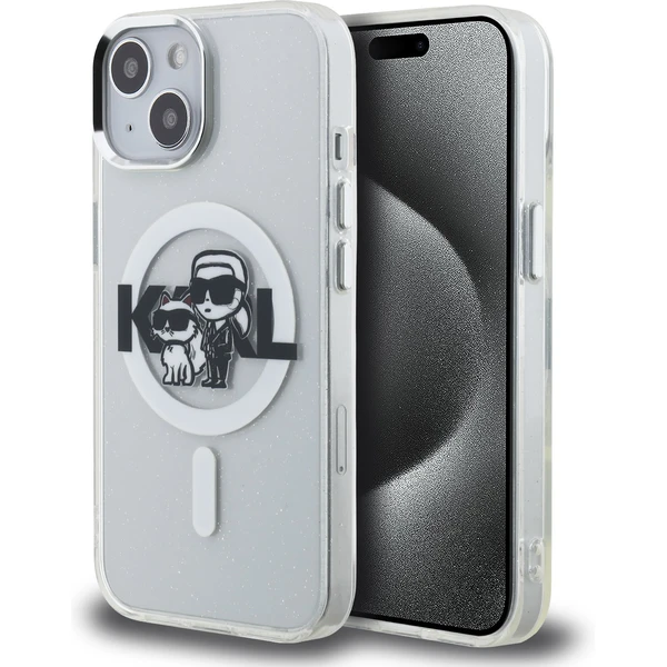 Karl Lagerfeld IML Glitter Karl and Choupette Sketch MagSafe kryt iPhone 15 číry - Puzdra - Hlavný obrázok