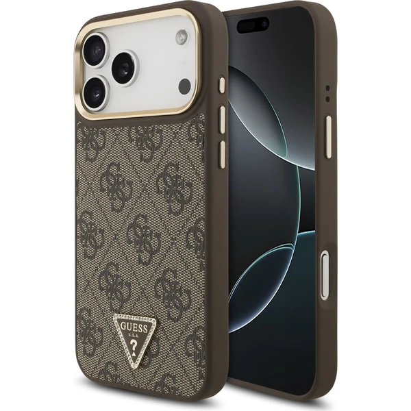 Guess PU Leather 4G Triangle Logo Gold Frame MagSafe kryt iPhone 17 Pro Max hnedý - Puzdra - Hlavný obrázok