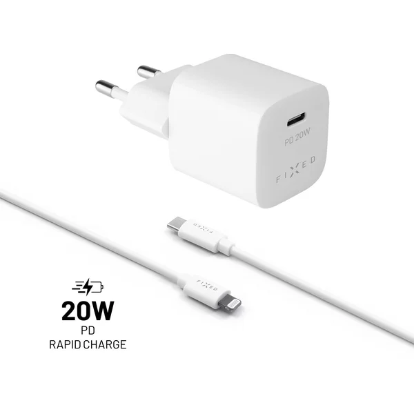 FIXED Mini nabíjačka s USB-C a USB-C/Lightning káblom, PD, 1 m, MFI, 20W, biela - Nabíjačky - Hlavný obrázok